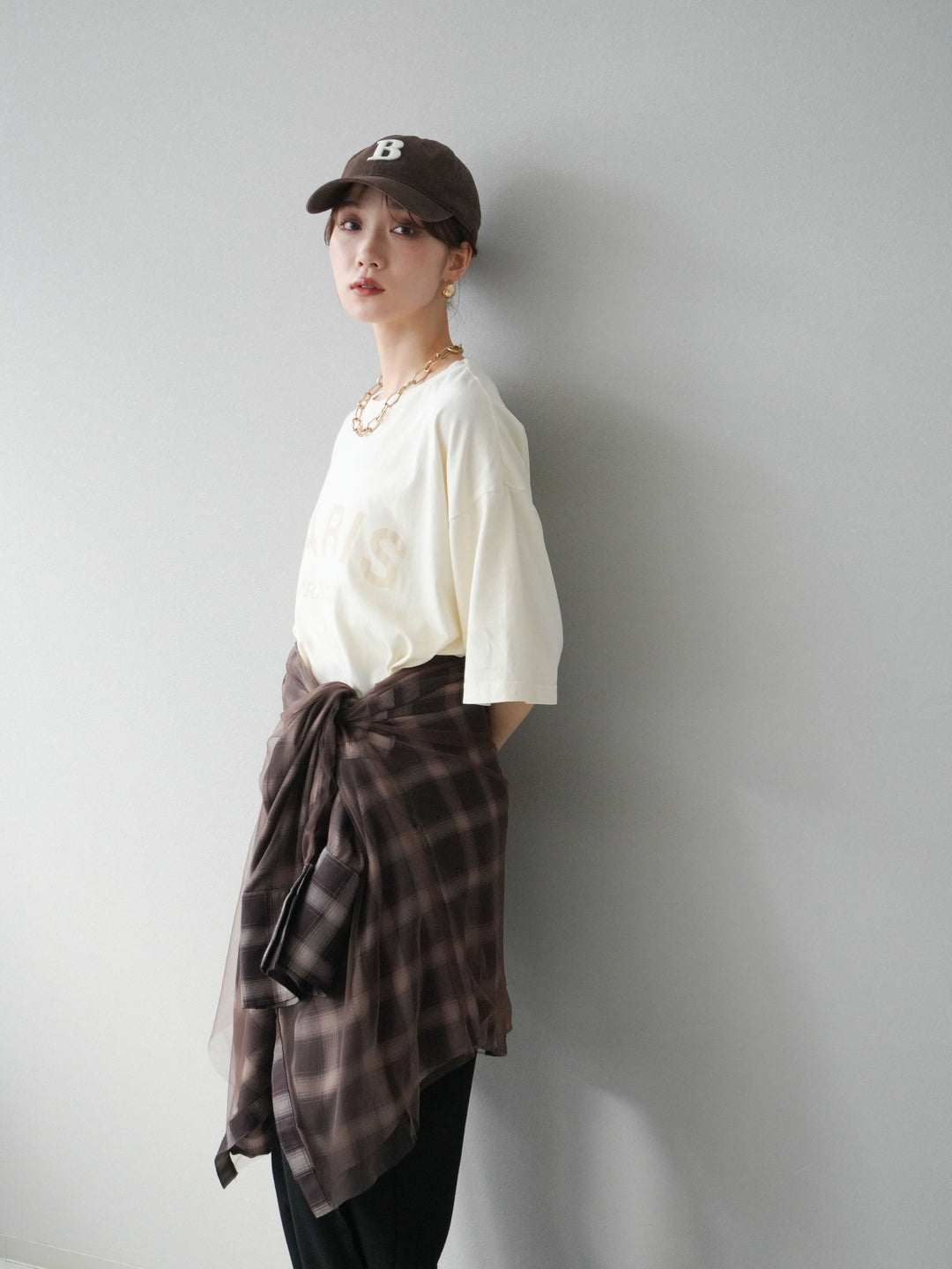 [SET]ピグメントロゴプリントTシャツ+2WAYデザインスウェットパンツ+チュールドッキングチェック柄オーバーサイズシャツ(3set)