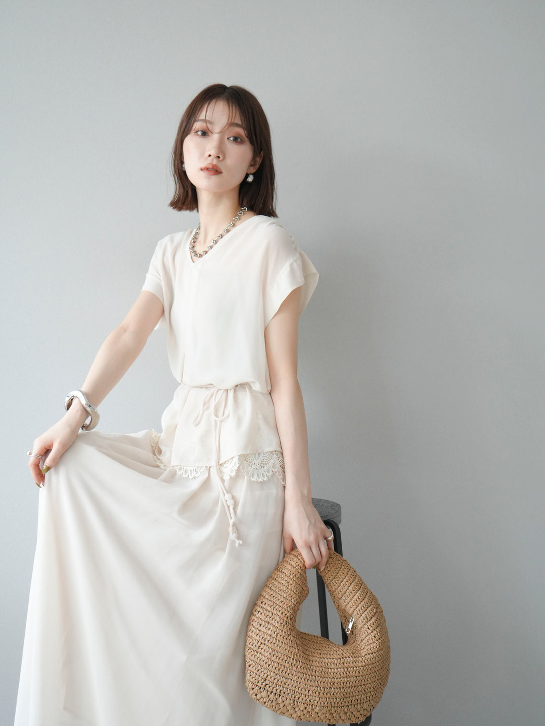 [SET]シフォンブラウス＆レースデザインフレアスカートSET UP(2set)