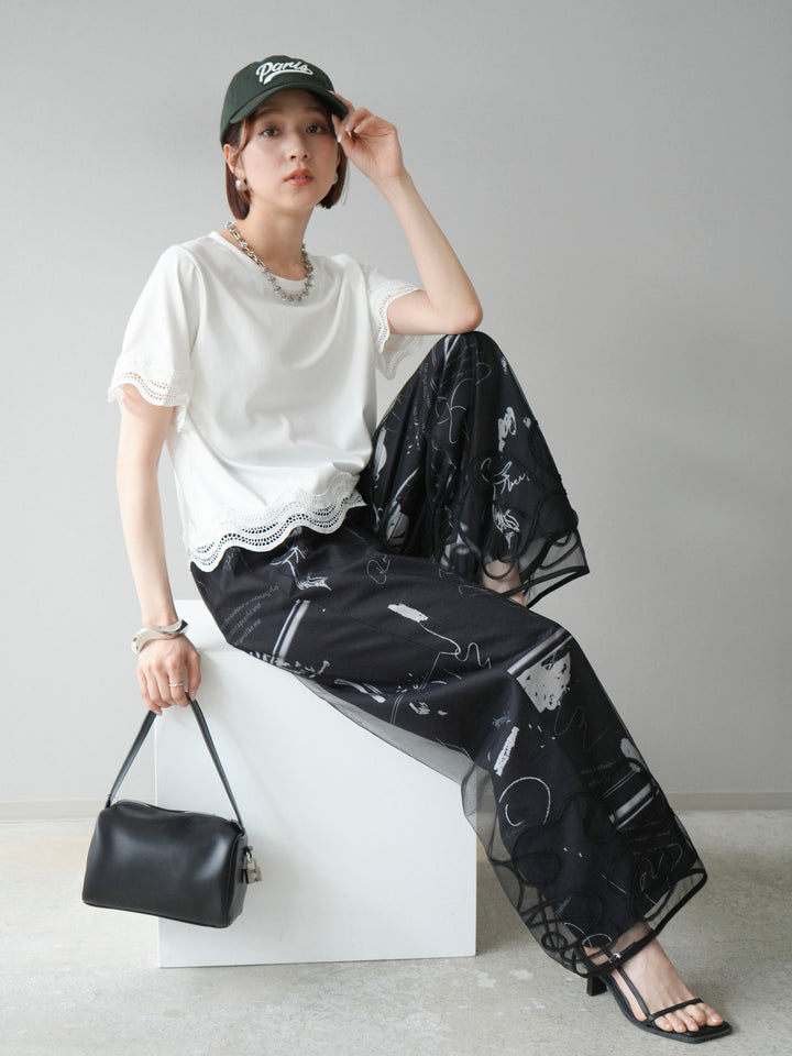 [SET]レース切替カットソー+コード刺繍チュールレイヤードパンツ(2set)