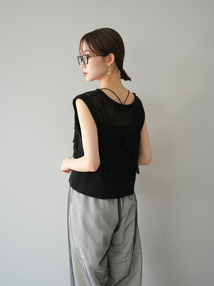 [SET]透かし編みフリンジニットトップス+コード刺繍チュールレイヤードパンツ(2set)