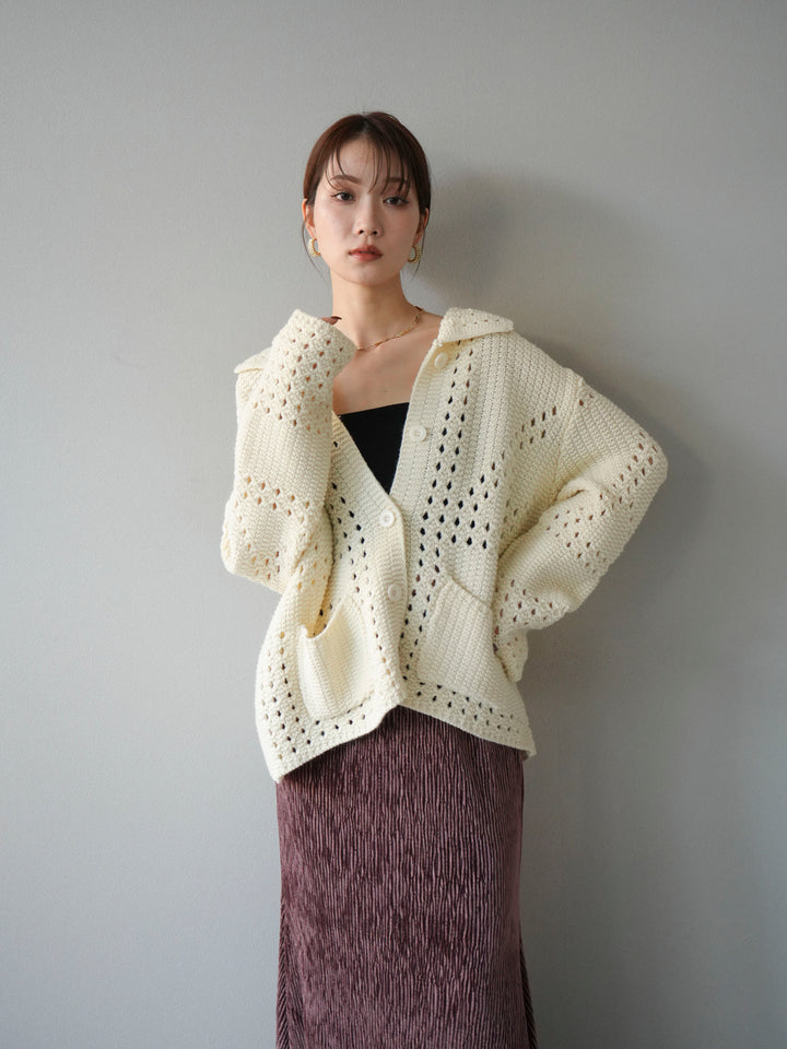 [予約]丸襟透かし編みニットカーディガン/オフ
