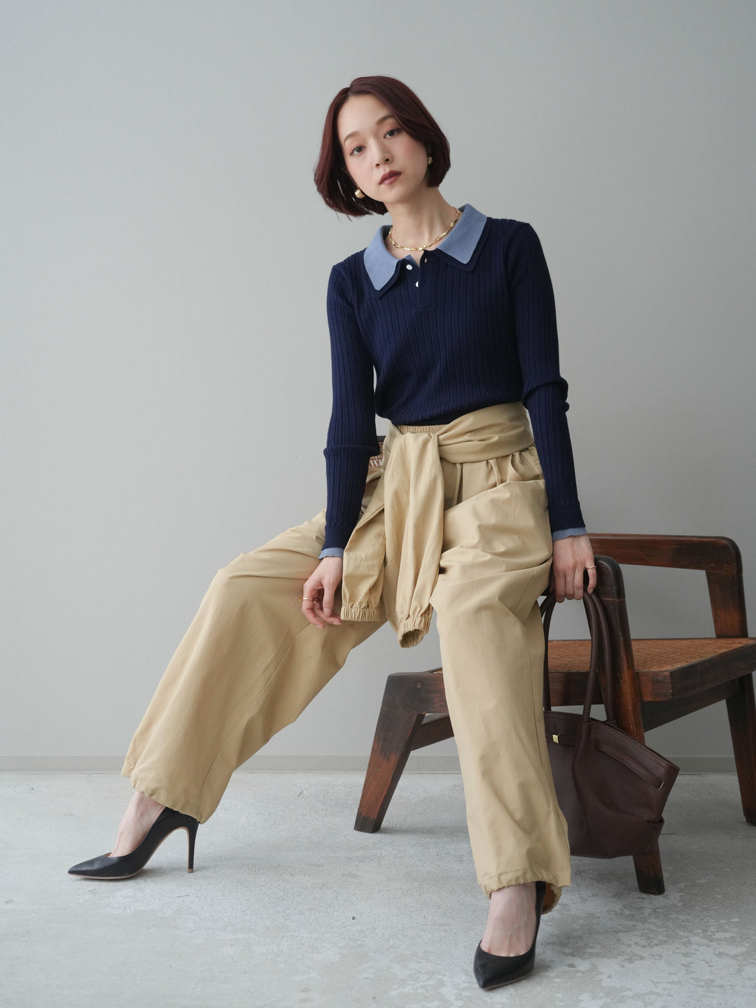 [予約]ダブル襟ポロリブニットトップス/navy