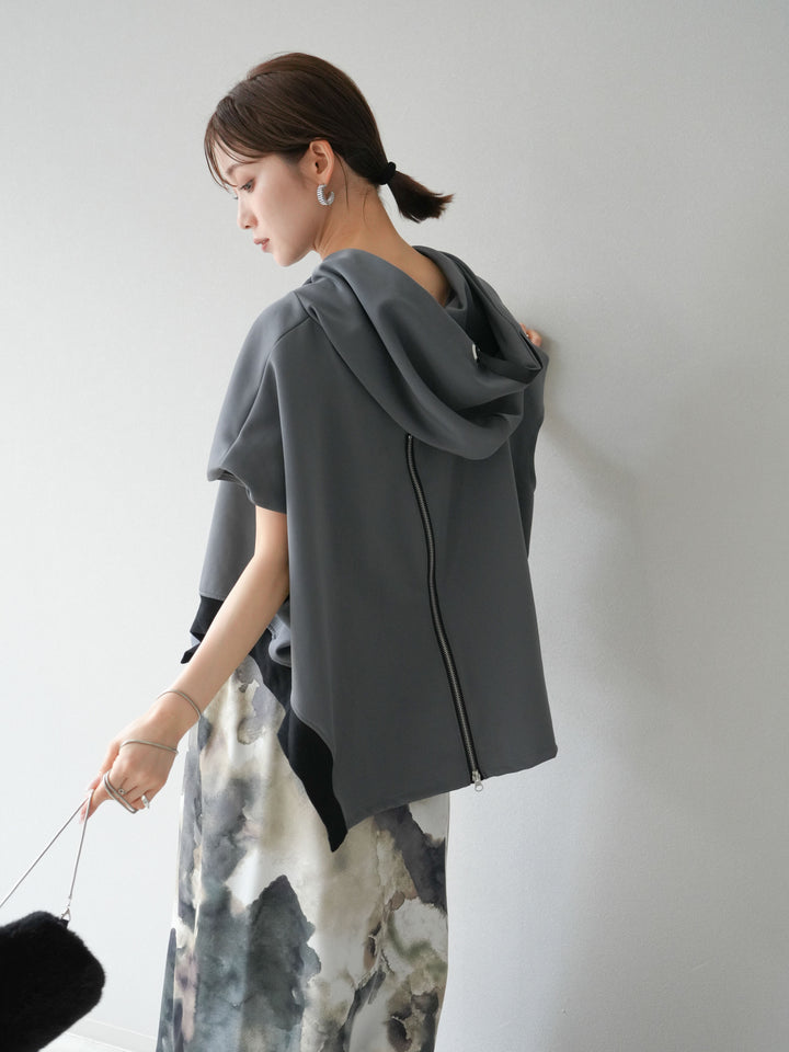 [SET]アシンメトリードルマンバックZIPフーディー+ニュアンスサテンフリルスカート(2set)