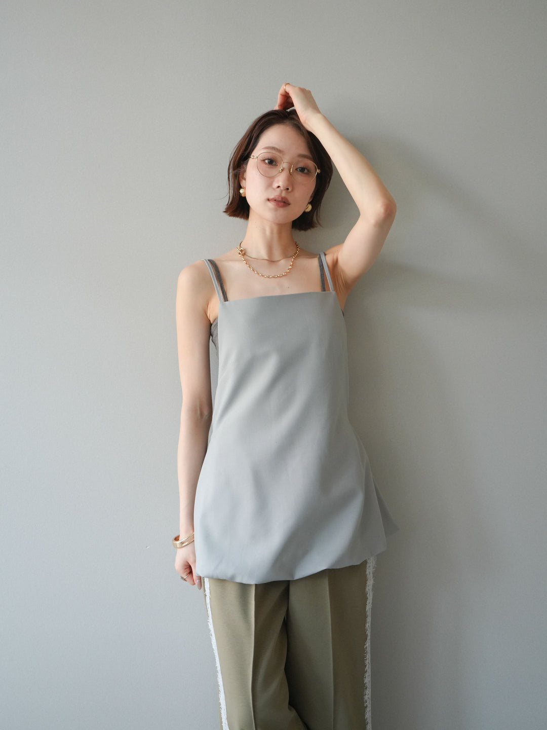 [SET]バックリボンバルーンチュニックキャミ+サイドレースポンチワイドパンツ(2set)