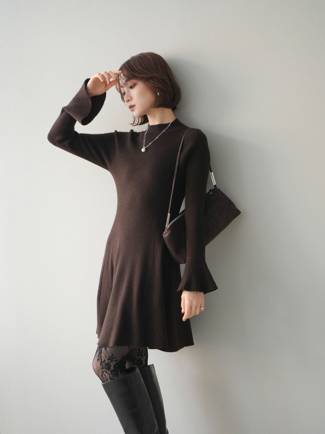 [予約]フレアリブニットミニワンピース/brown