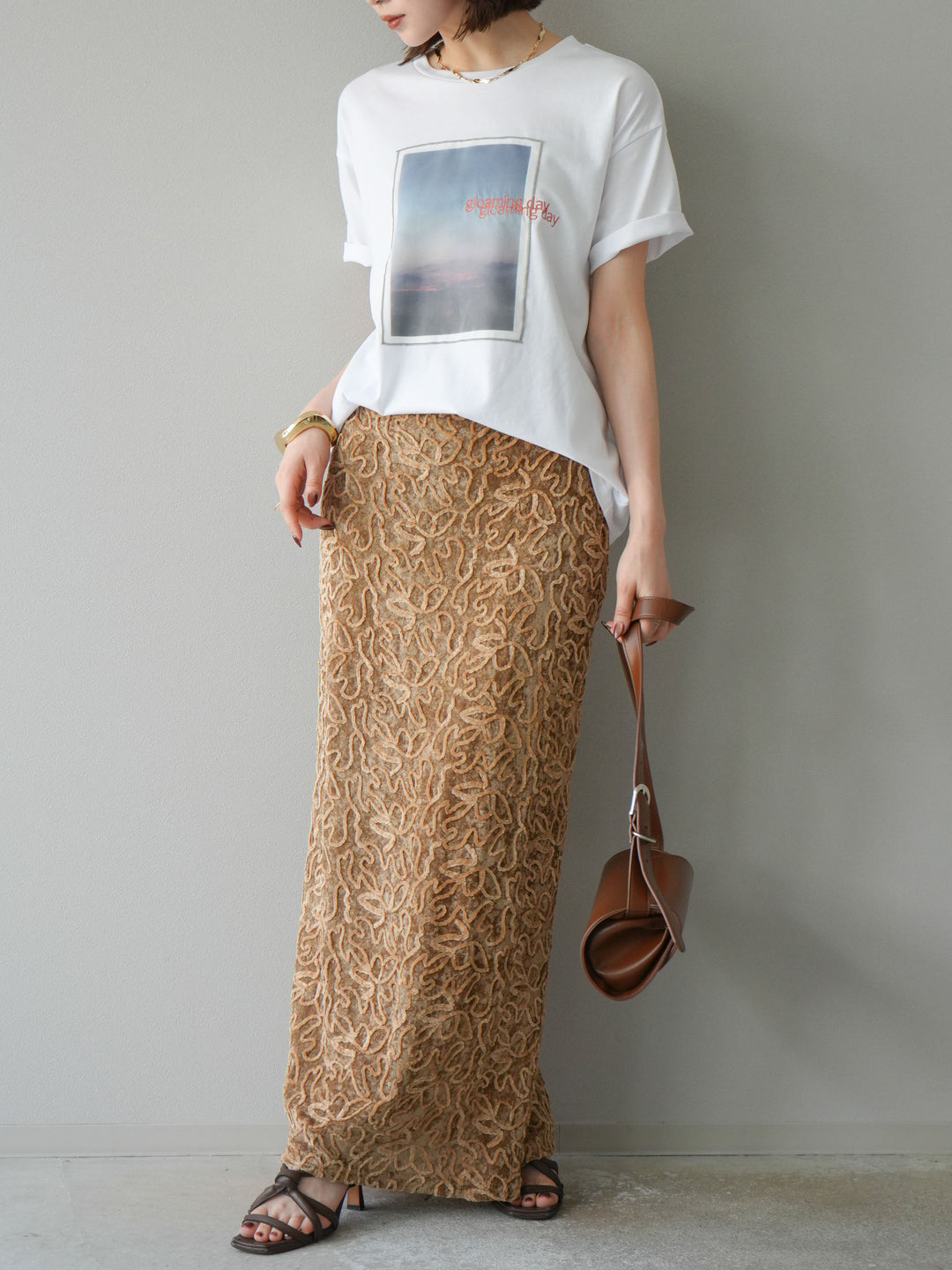 [予約]チュールレイヤードプリントTシャツ/オフ