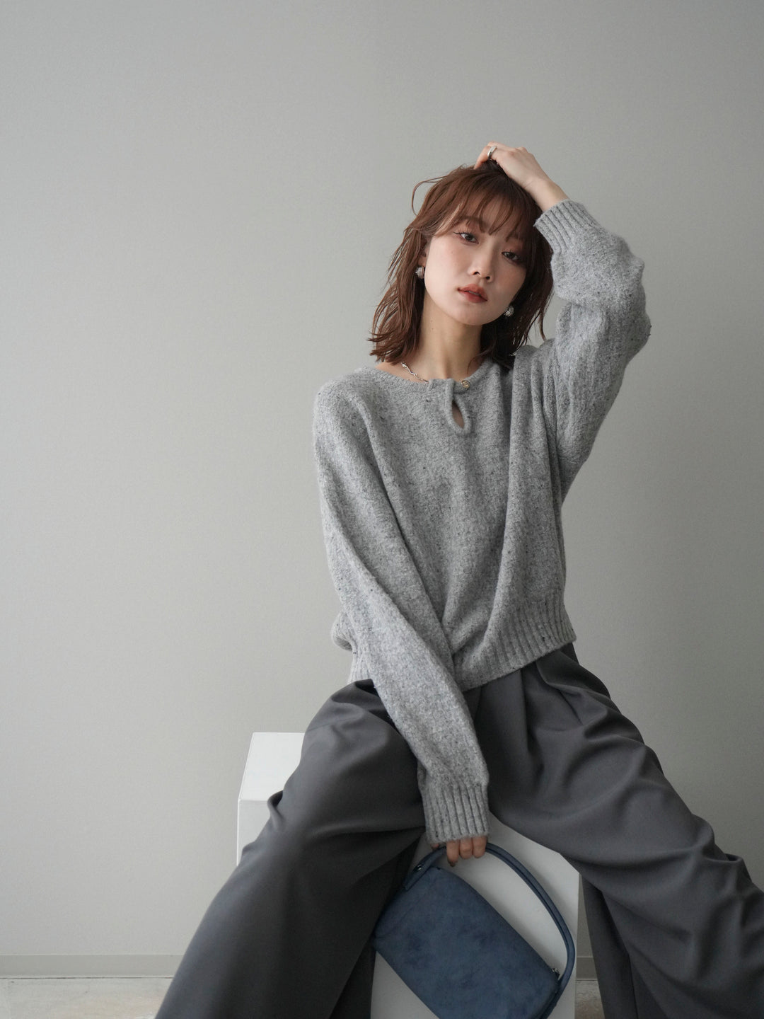 [予約]ツイストネックラメネップヤーンニットプルオーバー/gray