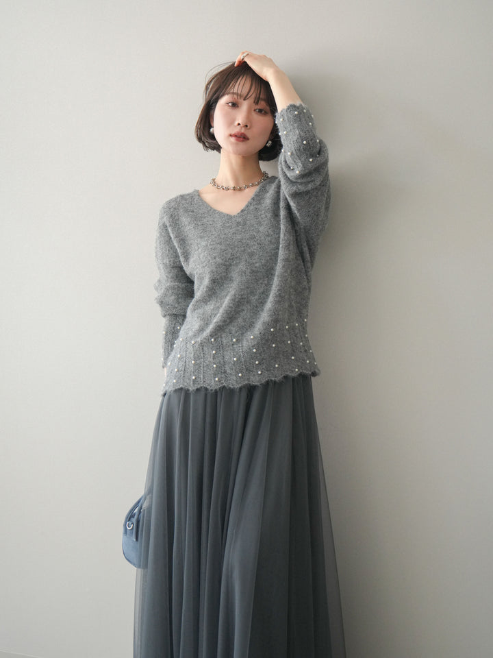 [SET]パールフリルリブヘムニットプルオーバー+選べるアクセセット(2set)