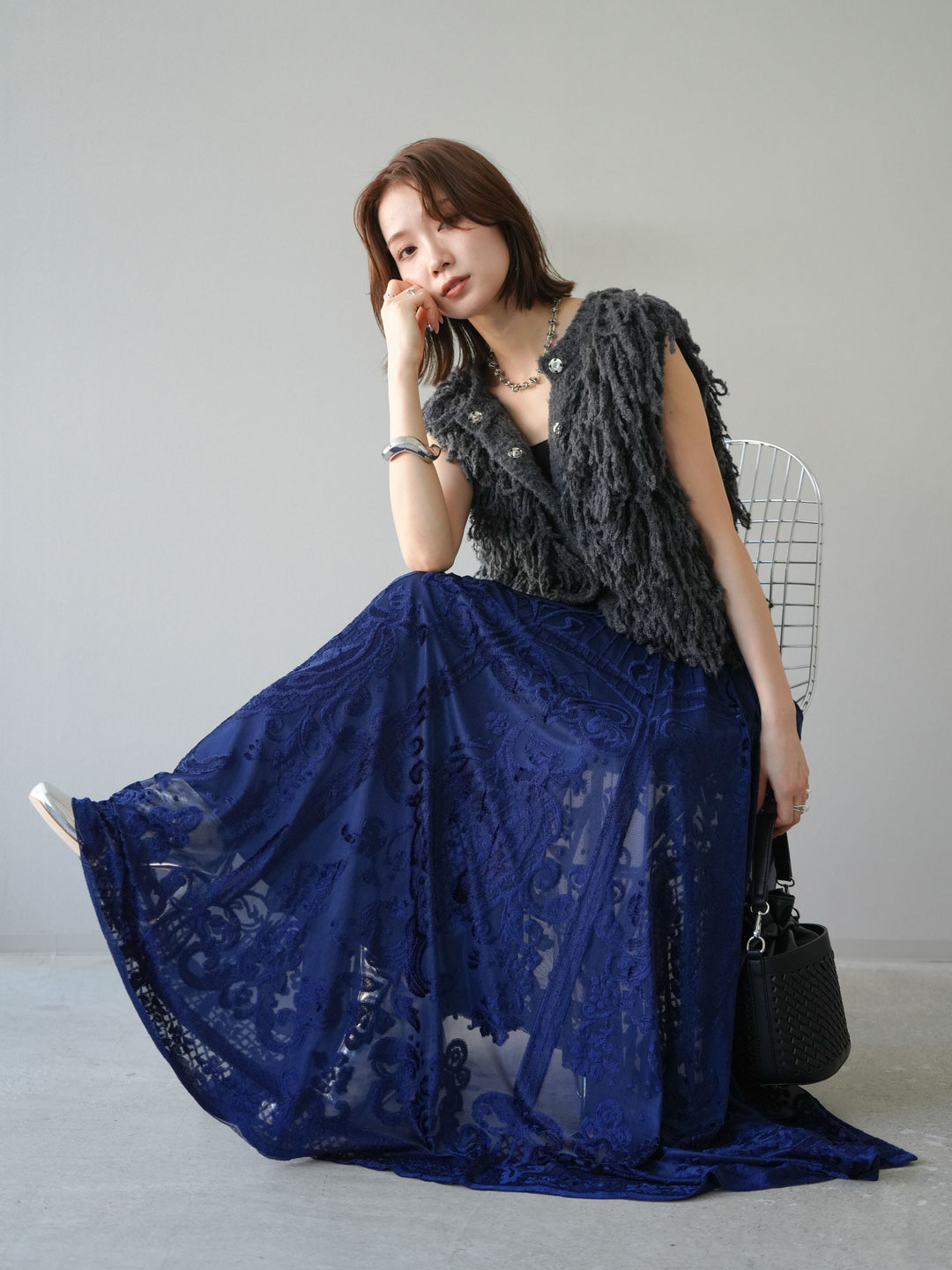 [予約]フリンジループニットベスト/チャコール