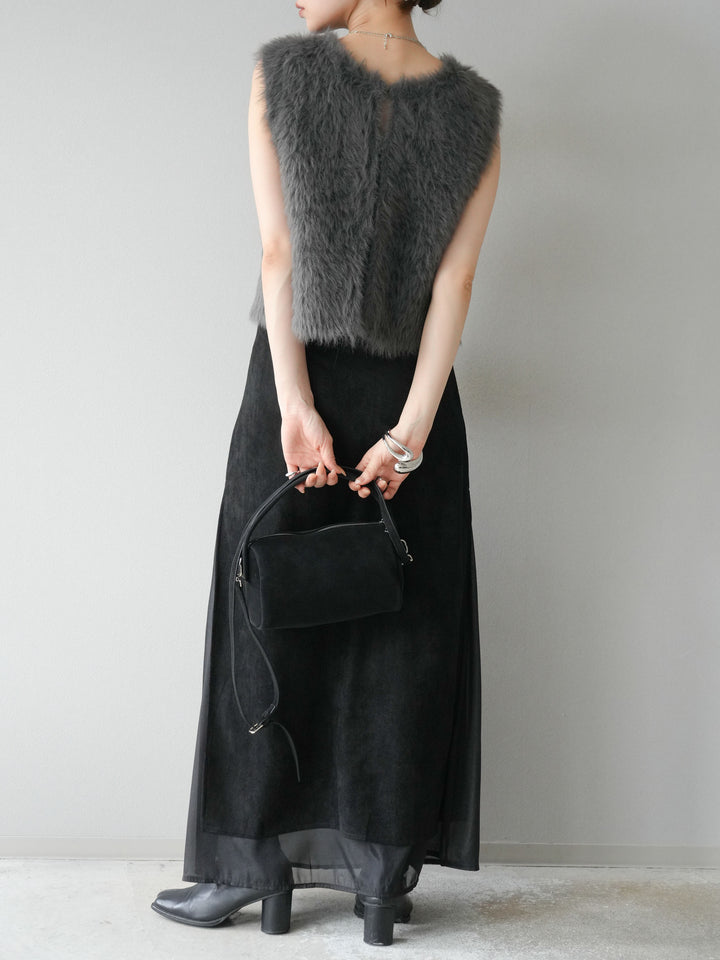 [予約]サイドスリットスウェードドッキングシフォンスカート/ブラック