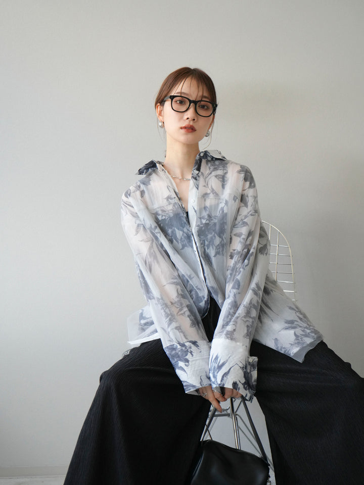 [予約]チュールドッキングフラワー柄オーバーサイズシャツ/グレー