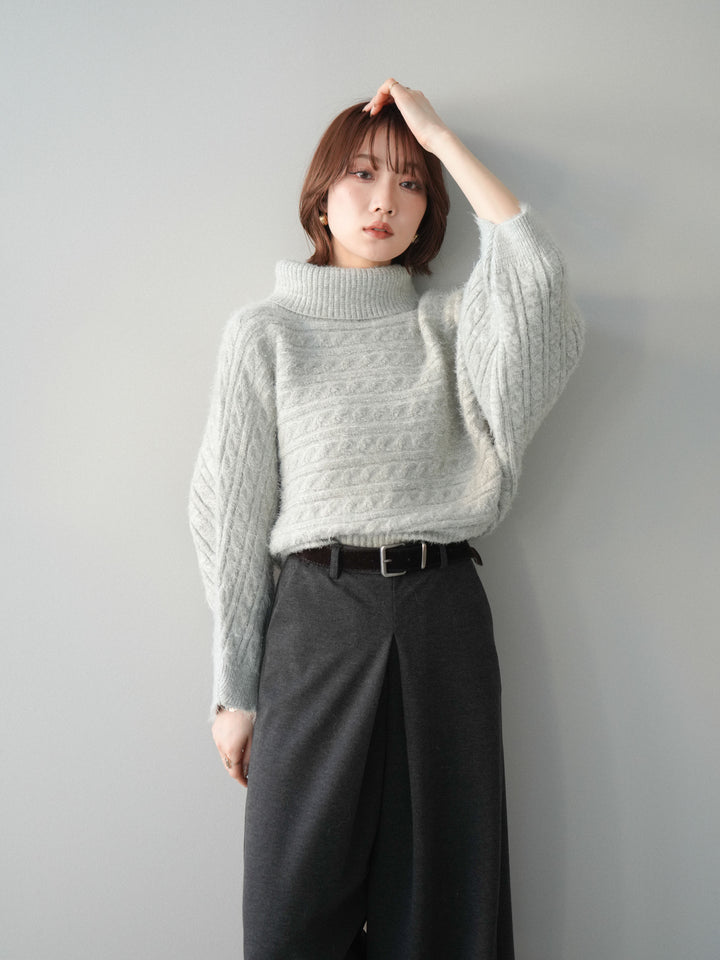 [SET]オフタートルケーブル編みニットプルオーバー+ベルト付きフロントタックワイドパンツ(2set)