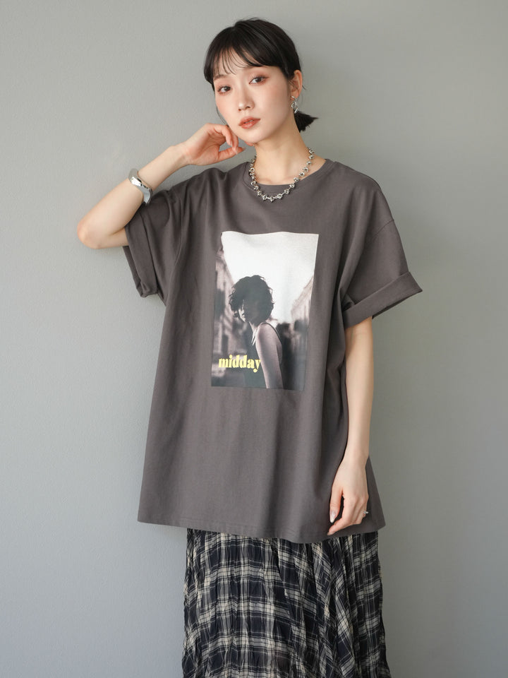[SET]ネオンロゴフォトプリントBIG Tシャツ+シアーチェックアシンメトリーワッシャースカート(2set)