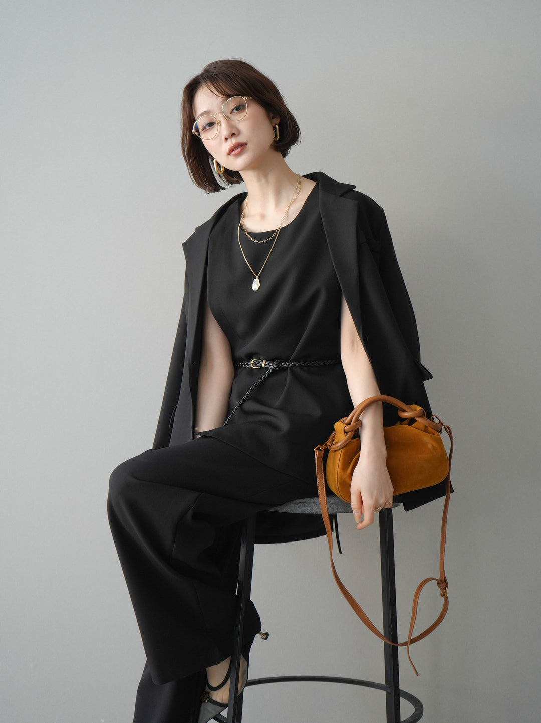 [SET]ベルト付ノースリーブトップス＆ワイドパンツSETUP