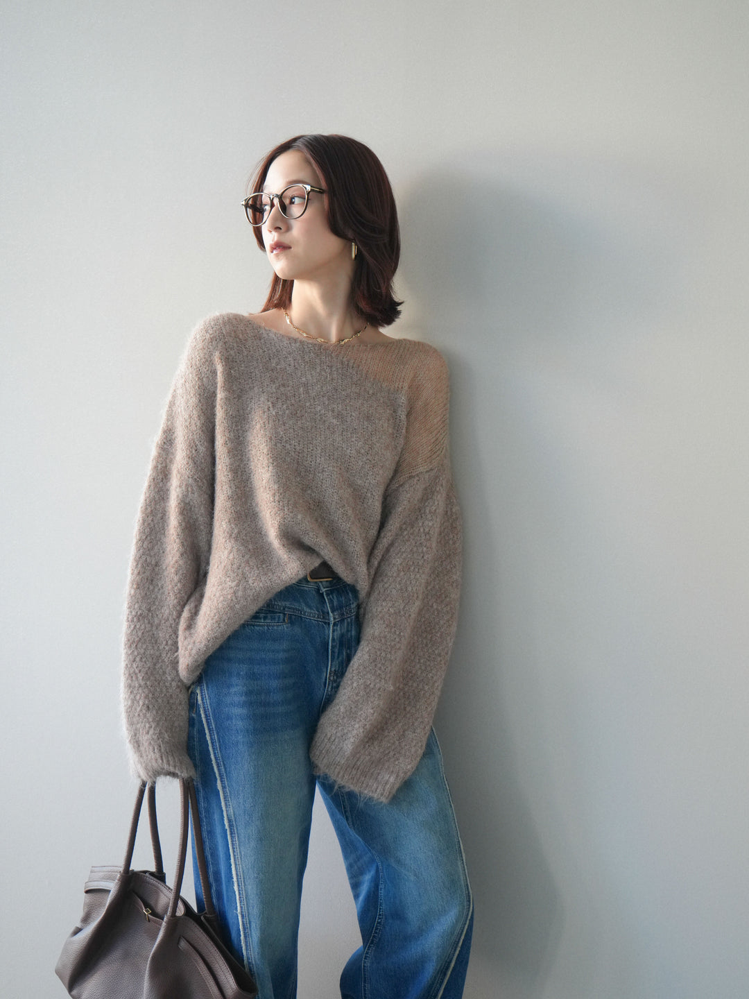 [SET]透かしデザインニットプルオーバー+サイドフリンジワイドデニムパンツ(2set)