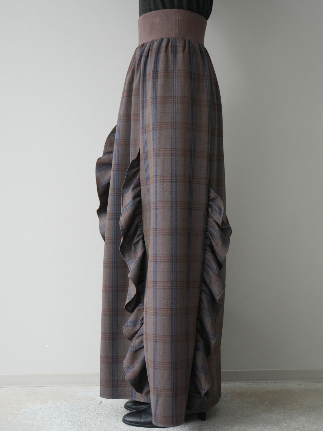 [予約]チェック柄フリルハイウエストマキシスカート/gray