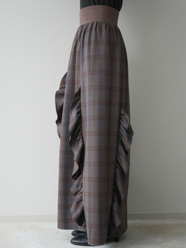 [予約]チェック柄フリルハイウエストマキシスカート/gray