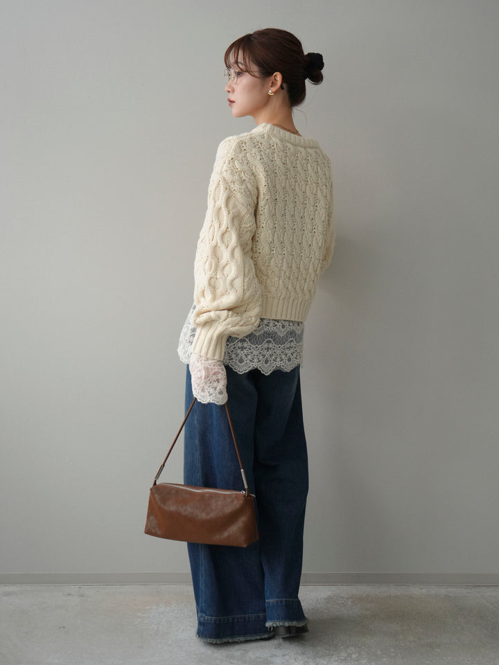【着回しセット】[SET]バルキーケーブルクロップドニットプルオーバー+アンゴラタッチクルーネックニットプルオーバー+チュールレーストップス(3set)
