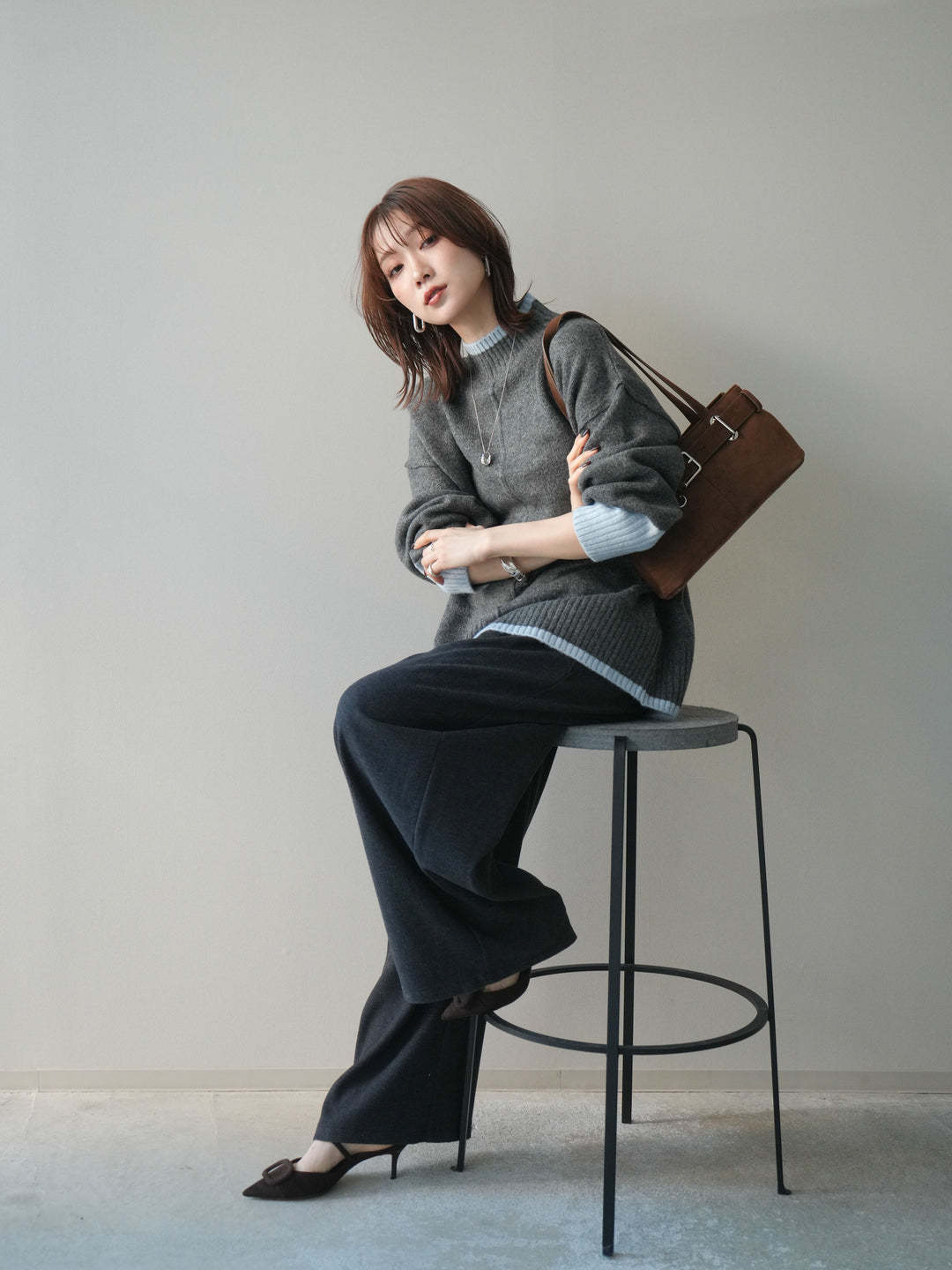 [SET]配色ハイネックニットプルオーバー+選べるアクセセット(2set)