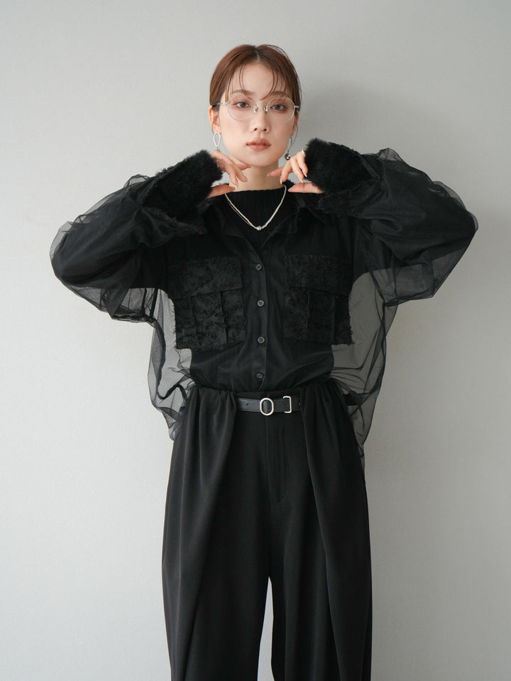 [SET]フリンジジャガード×チュールレイヤードシャツ+アームシャギーランダムリブニットトップス+ベルト付タックワイドパンツ(3set)