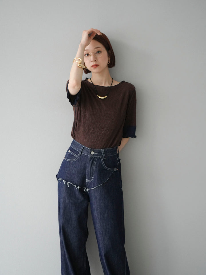 [SET] 百褶同色船領套頭衫 + 臀部設計牛仔褲（2 件組）