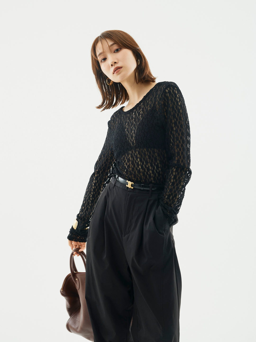 【Allure】[SET]バックラウンドレーストップス+タフタワイドカーブパンツ(2set)