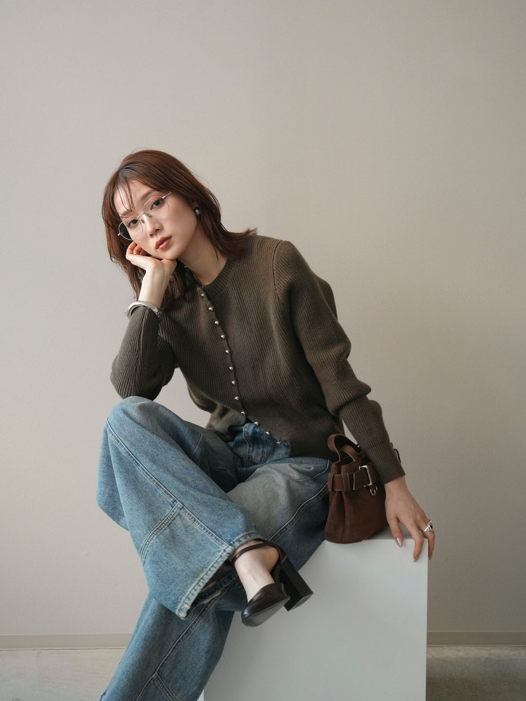 [予約]シルバーボタン畦編みニットカーディガン/brown