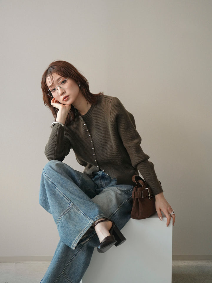 [予約]シルバーボタン畦編みニットカーディガン/brown