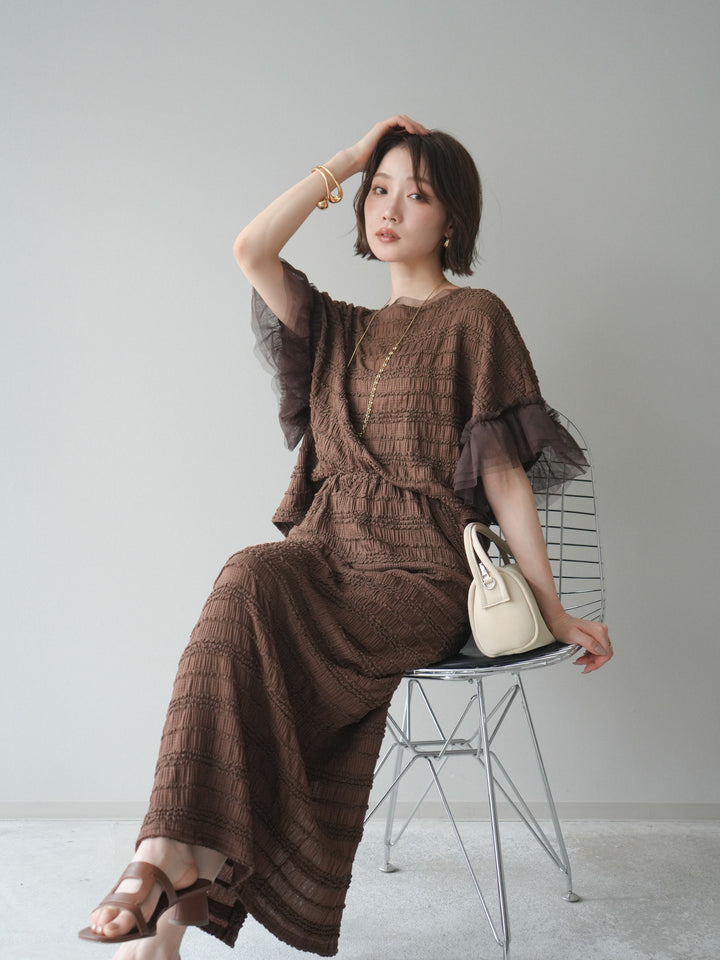 [SET]チュール袖リップルトップス+リップルIラインスカート(2set)