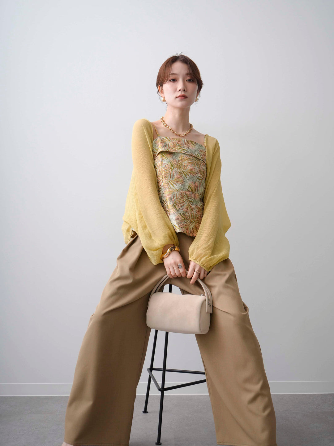 [SET]シアーカーデ付ジャガードコルセットキャミソール+クレープデシンタックワイドパンツ(2set)