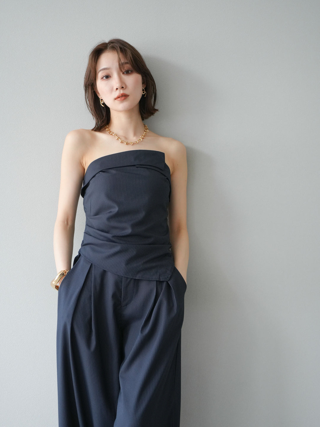 [SET] 條紋褶襉露肩上衣＆寬褲 SET UP (2set)