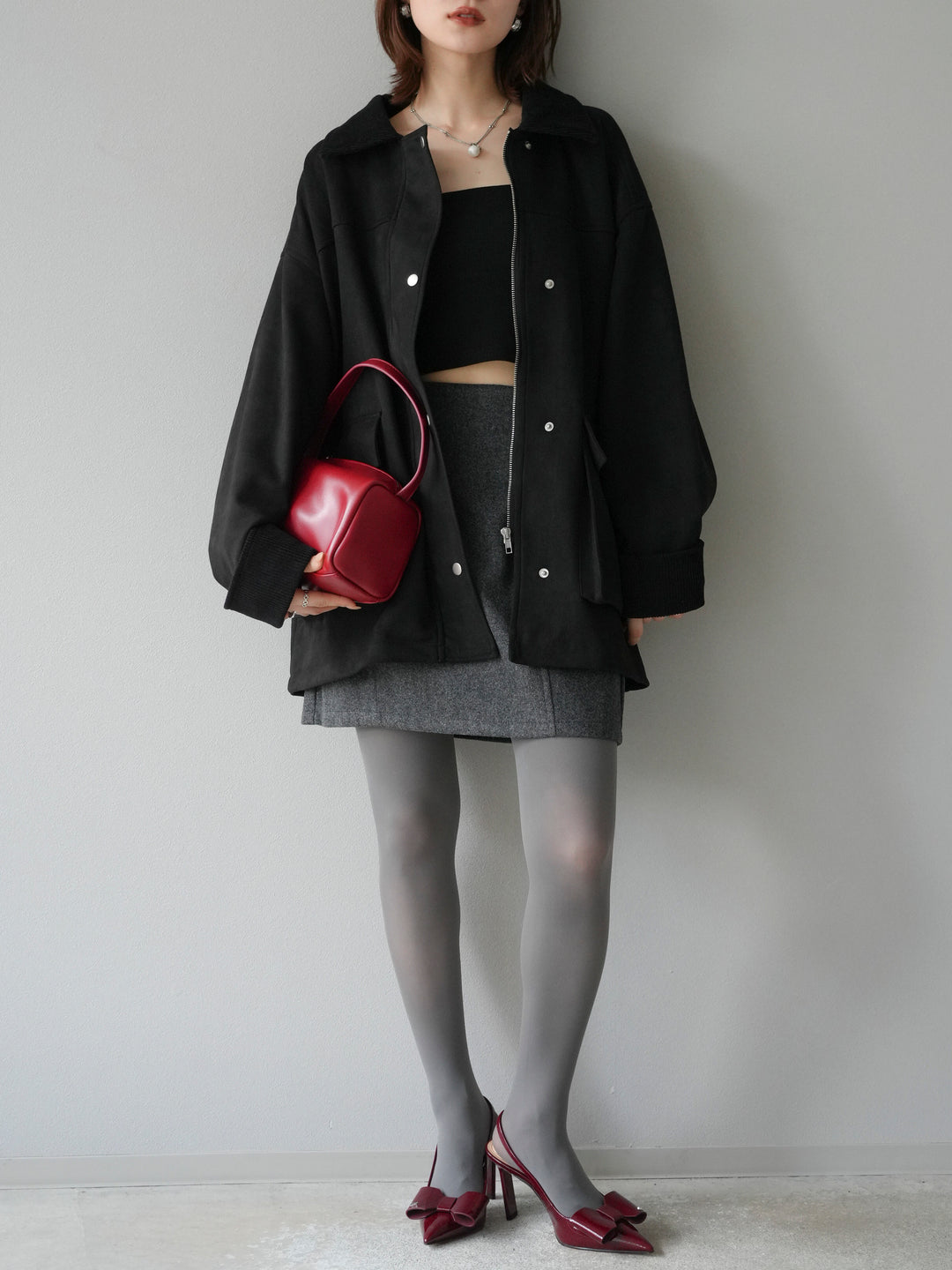 [予約]コーデュロイ襟スウェードミドルジャケット /ブラック