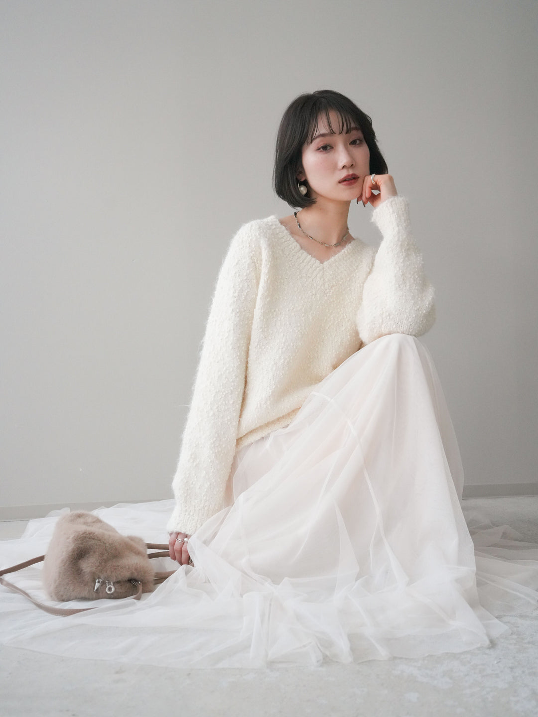 [SET]Vネックスラブニットプルオーバー+選べるアクセセット(2set)