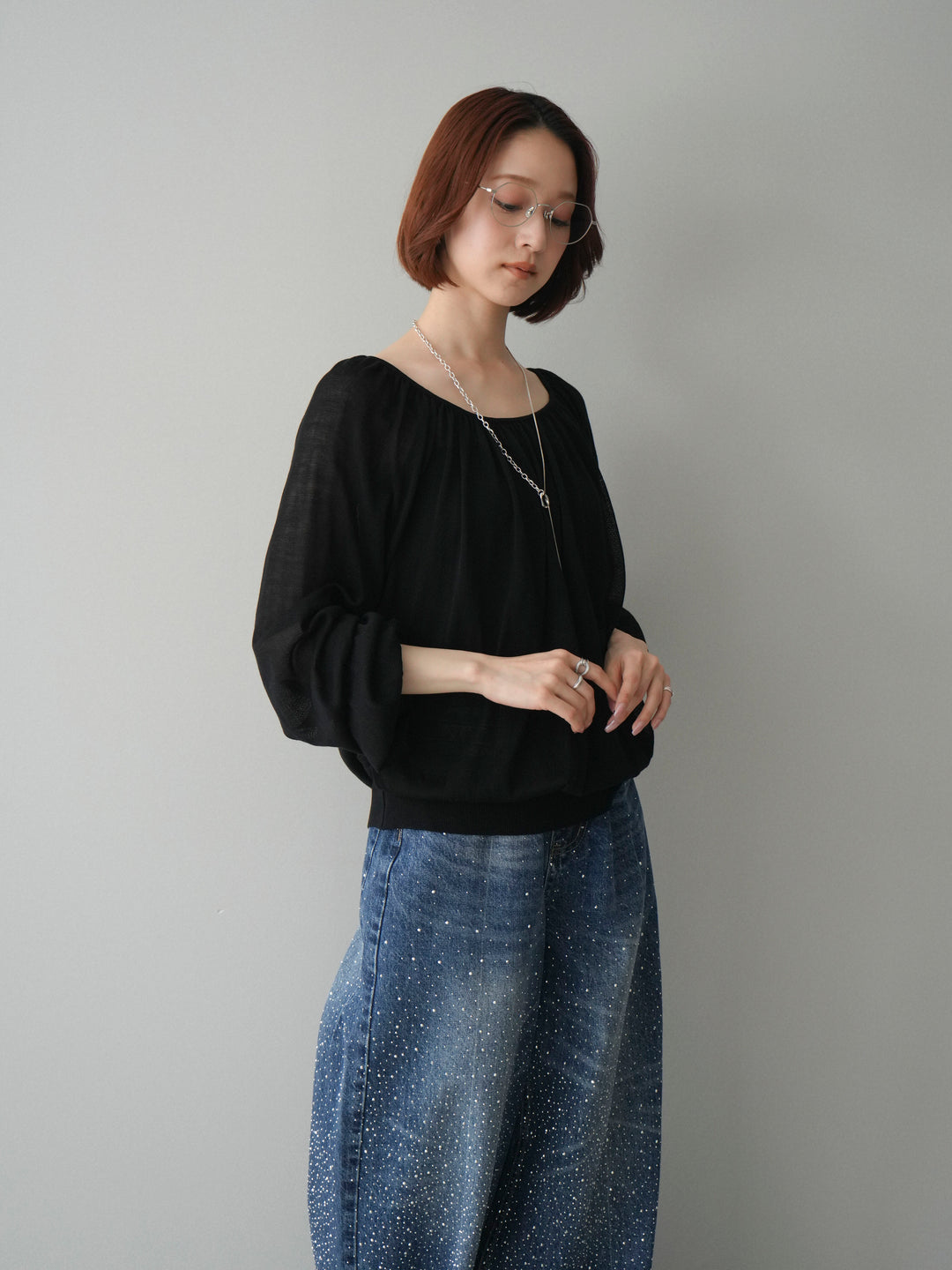 [予約]Uネックギャザーニットプルオーバー/black