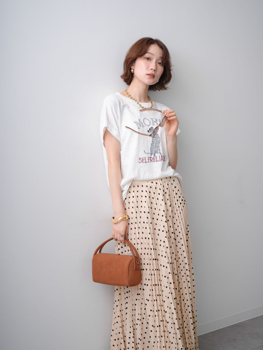 [SET]ドッグエンブロイダリーTEE+ドットアコーディオンプリーツスカート(2set)