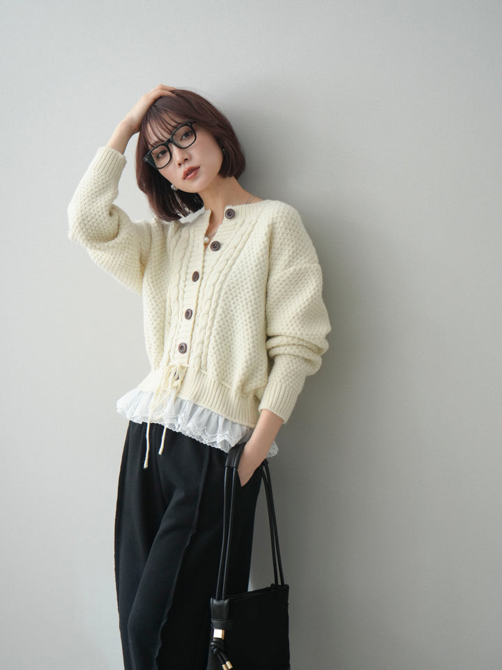 [SET]裾レースケーブルニットカーディガン+2WAYデザインスウェットパンツ(2set)