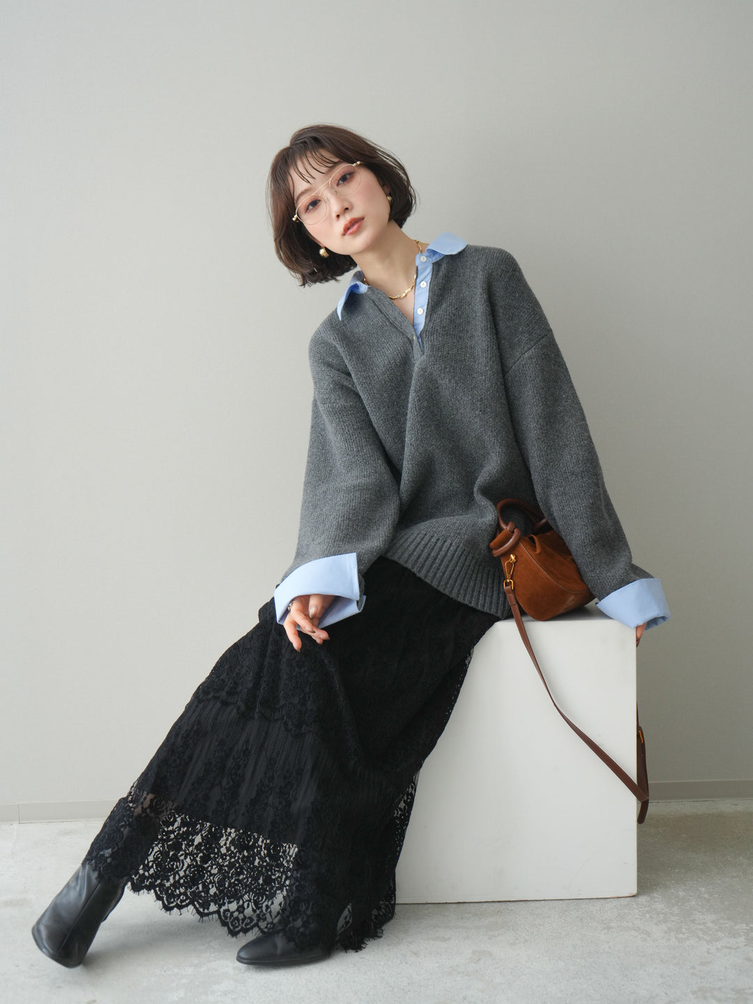 [予約]シャツドッキングオーバーニットプルオーバー/charcoalsax