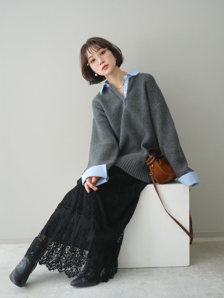 [予約]シャツドッキングオーバーニットプルオーバー/charcoalsax