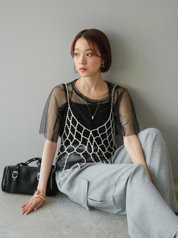 [SET]ラメチュールシャーリングプルオーバー+パールフリンジビスチェ+ウエストラインサイドポケットスウェットパンツ(3set)