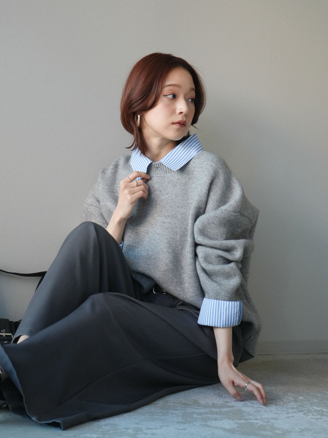 [SET]2WAYストライプ襟ニットプルオーバー+ベルトループデザインワイドパンツ(2set)