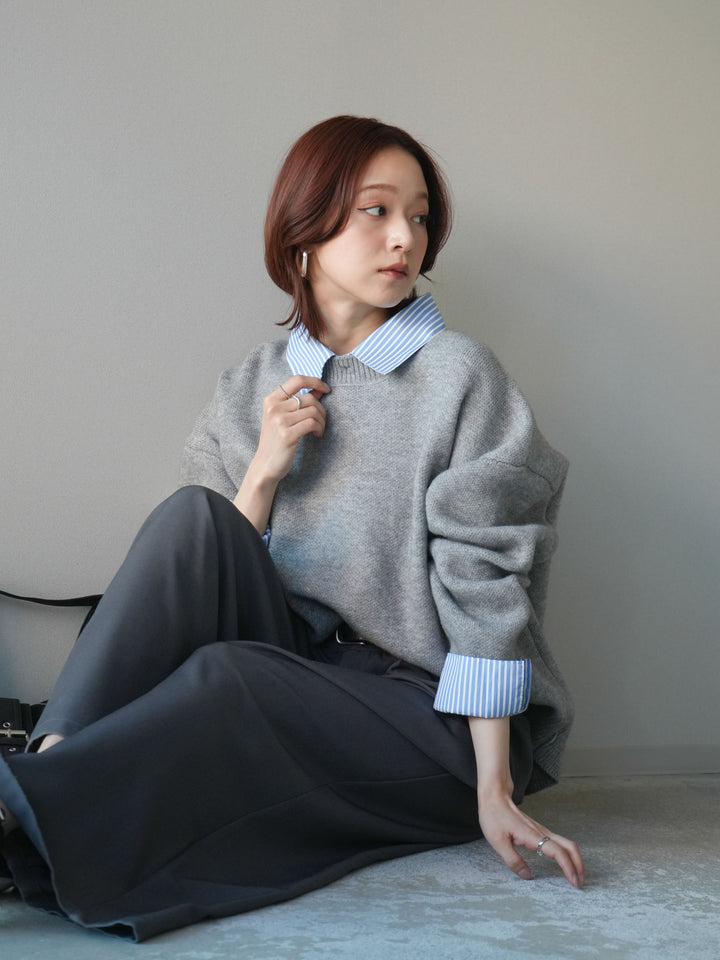 [SET]2WAYストライプ襟ニットプルオーバー+ベルトループデザインワイドパンツ(2set)