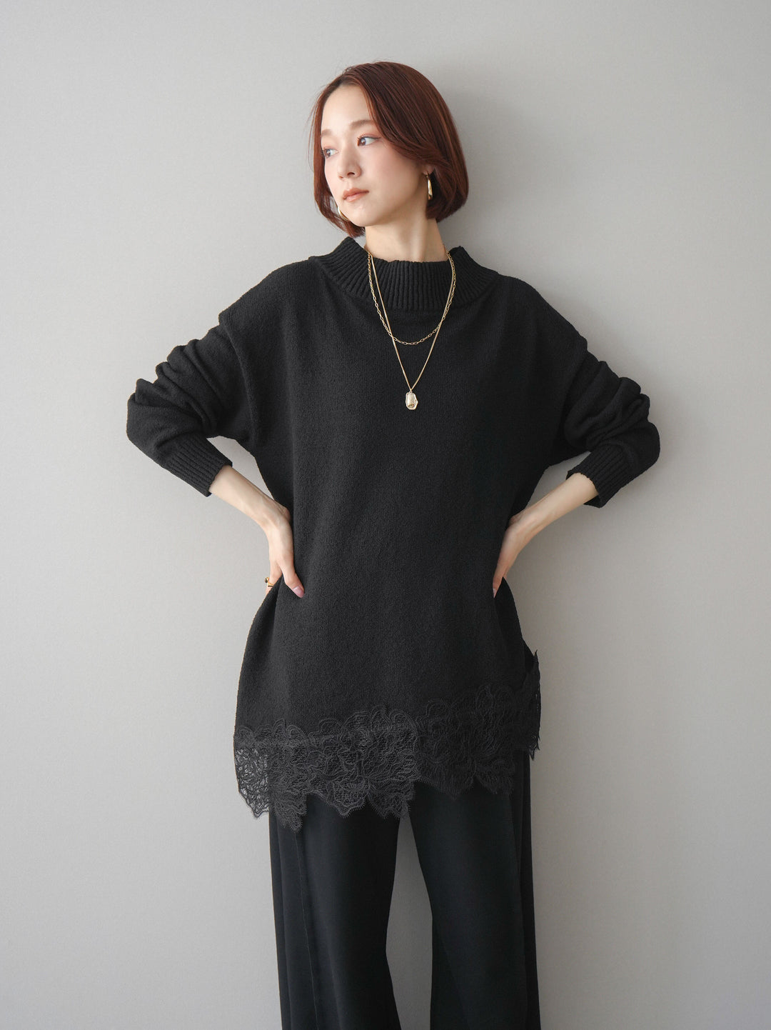 [SET]アシンメトリーレースヘムニットプルオーバー+2WAYデザインスウェットパンツ(2set)