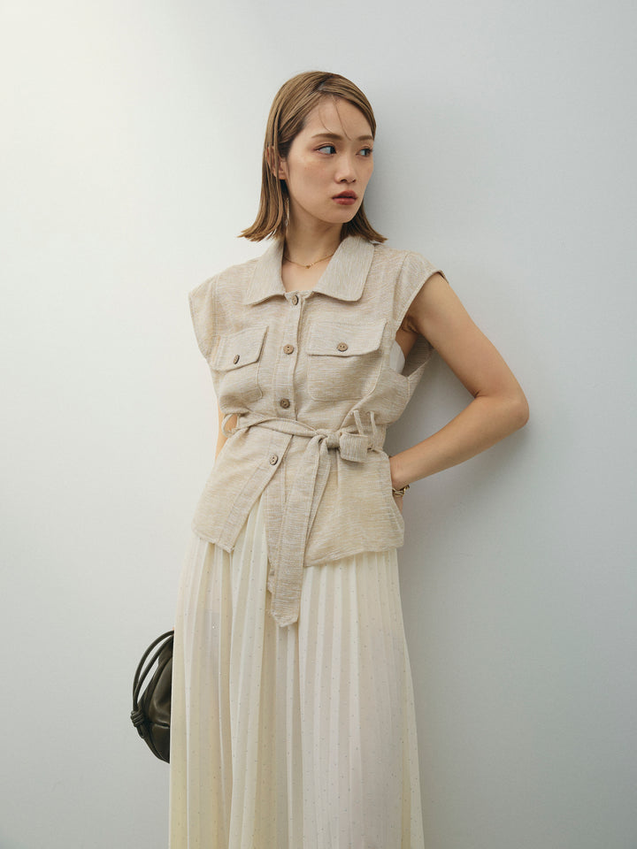 [SET]ミックスヤーンメッシュブラウス+ラインストーンプリーツスカート(2set)