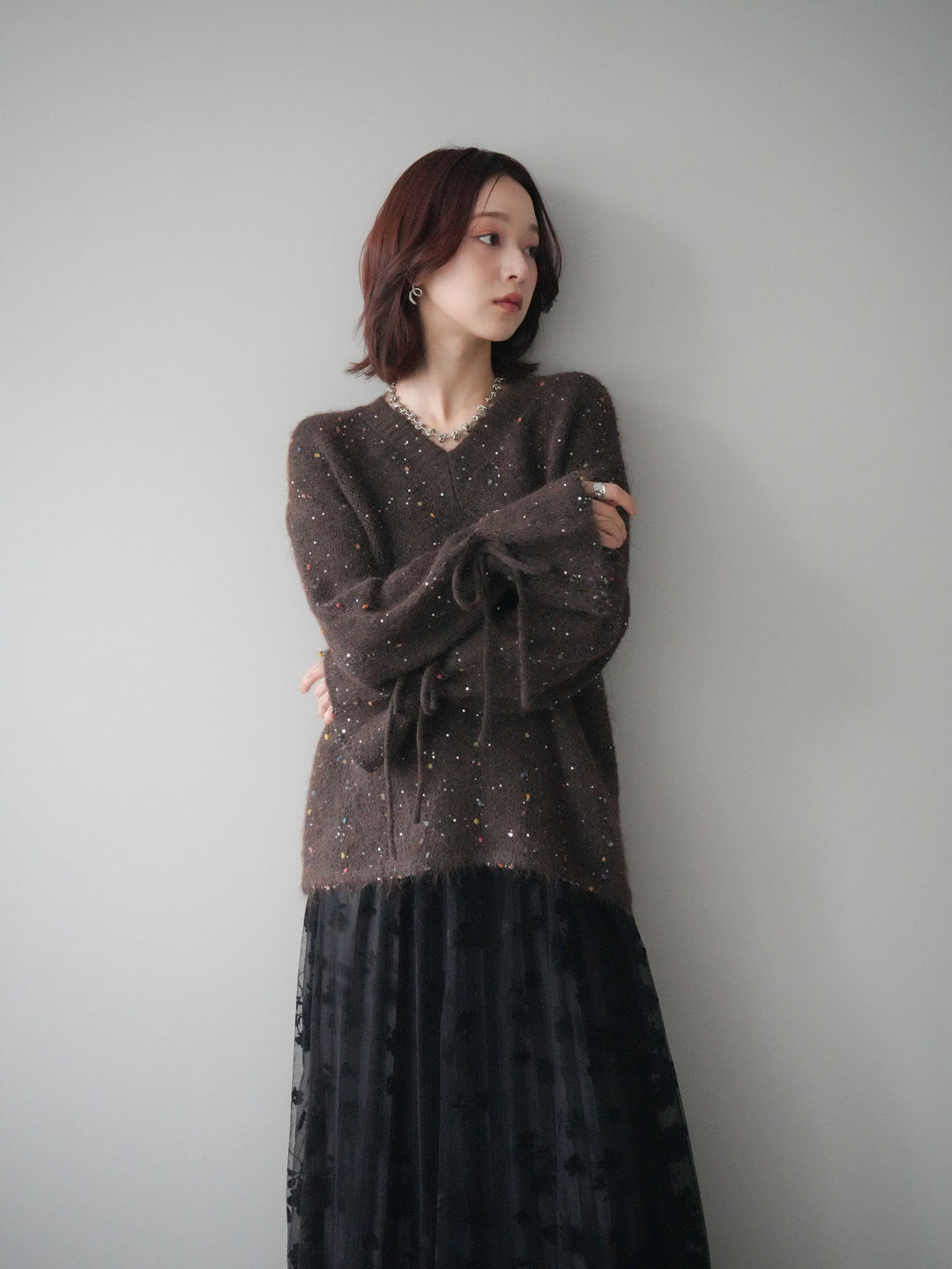 [SET]キャンディースリーブカラーネップスパンコールニットプルオーバー+フラワーフロッキーチュールプリーツスカート(2set)