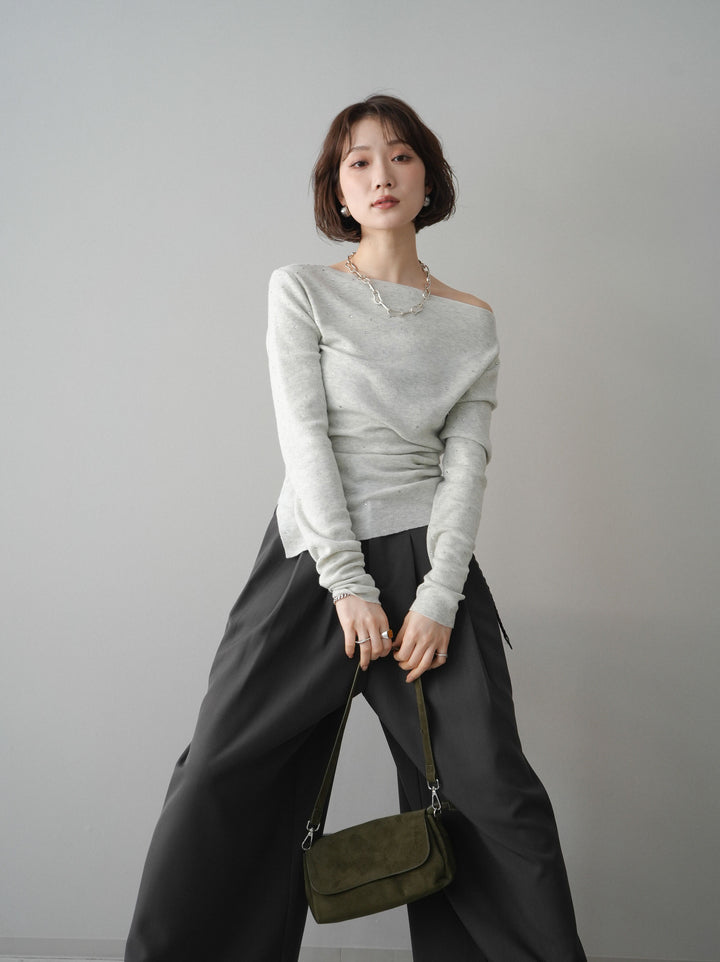 [予約]ラインストーンアシンメトリーニットトップス/gray