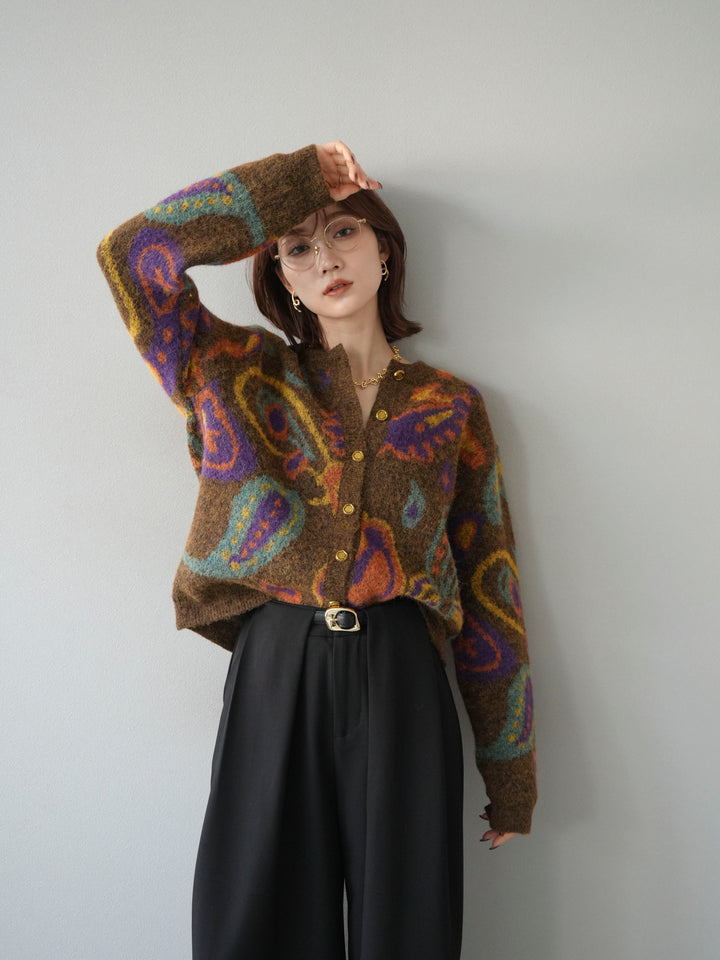 [予約]ミックスヤーンペイズリー柄ニットカーディガン/ブラウン
