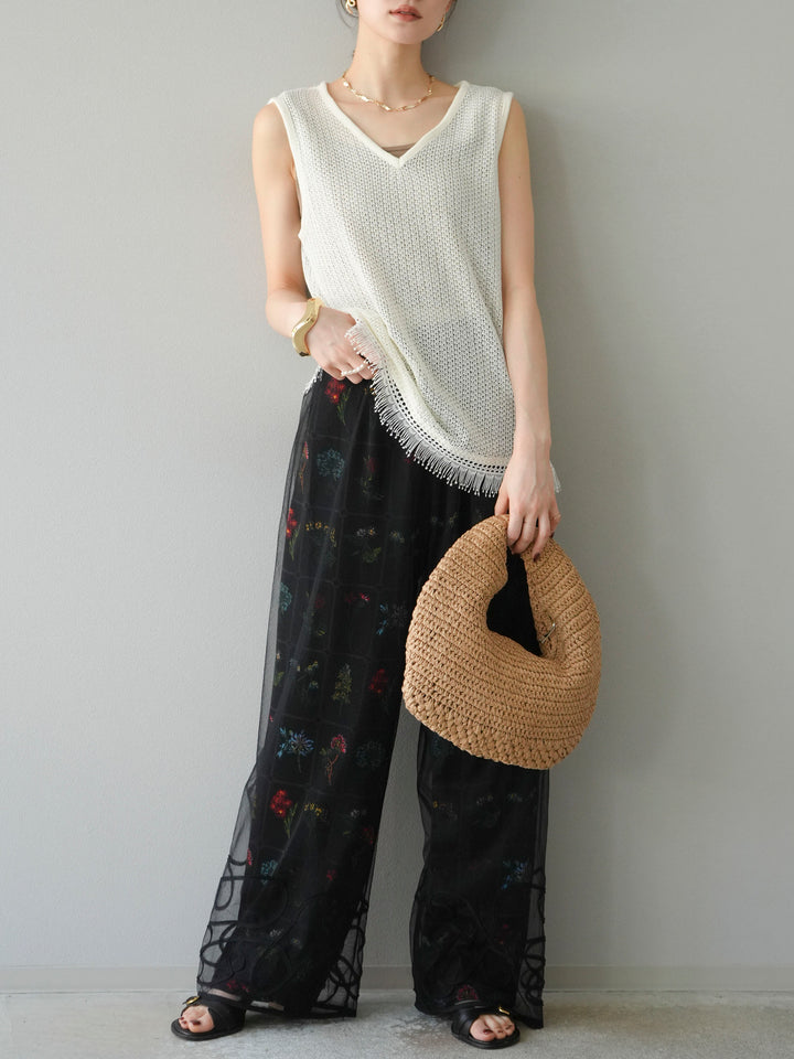 [予約]裾フリンジVネックニットタンクトップアンサンブル/オフ