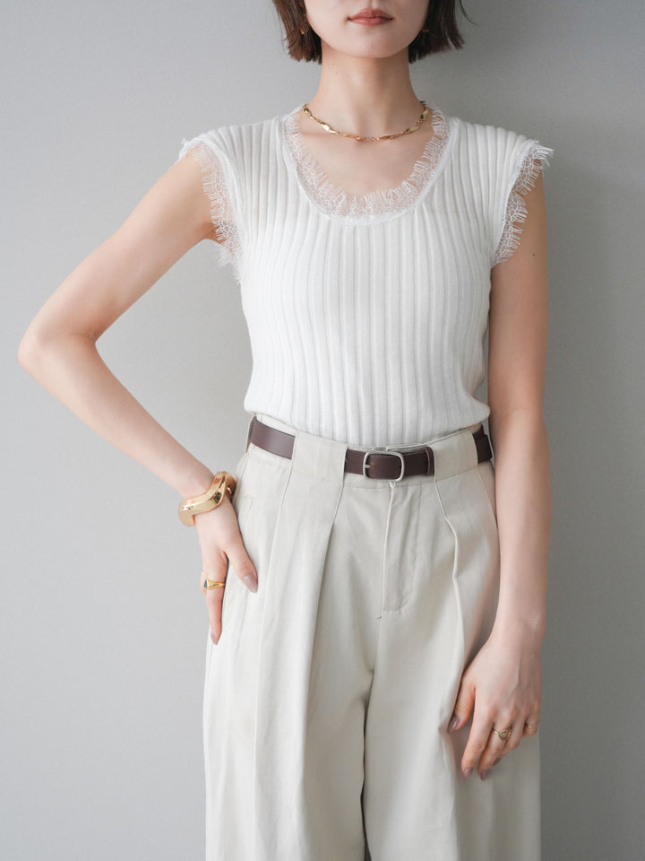 [予約]レーストリムリブニットトップス/white