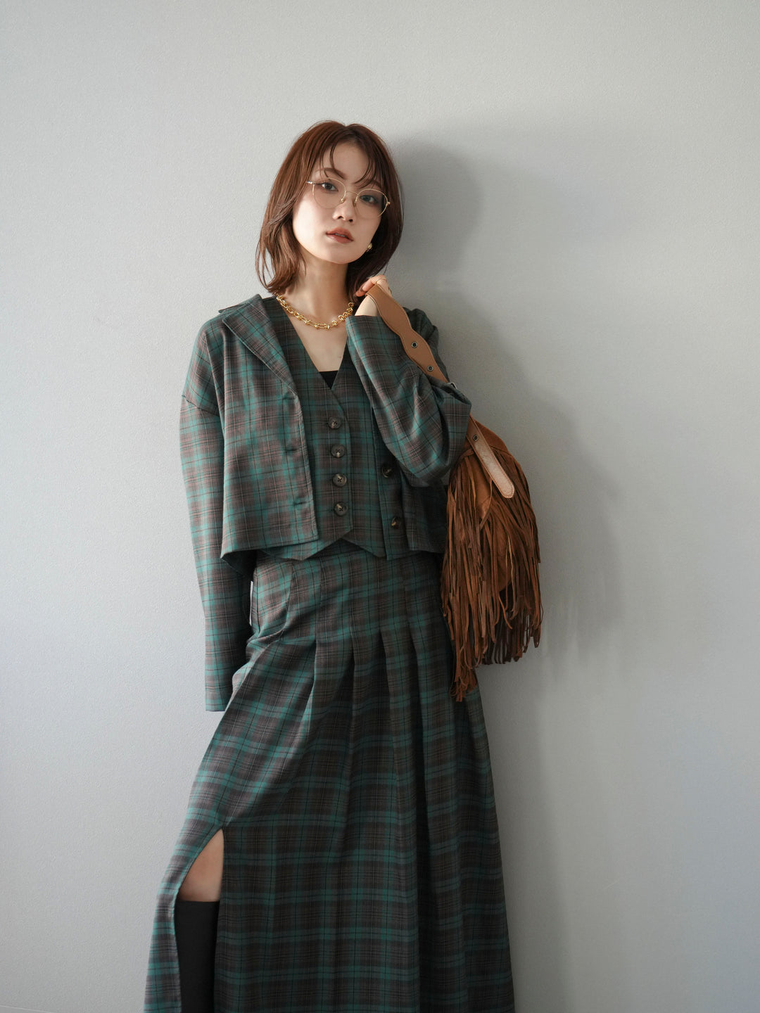 [SET]チェック柄ショートジャケット+チェック柄ベスト+チェック柄タックフレアスカート(3set)
