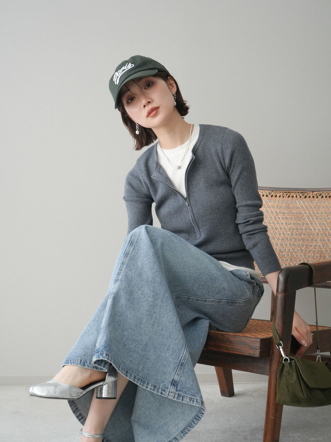 [予約]フロントジップ配色レイヤードニットトップス/gray